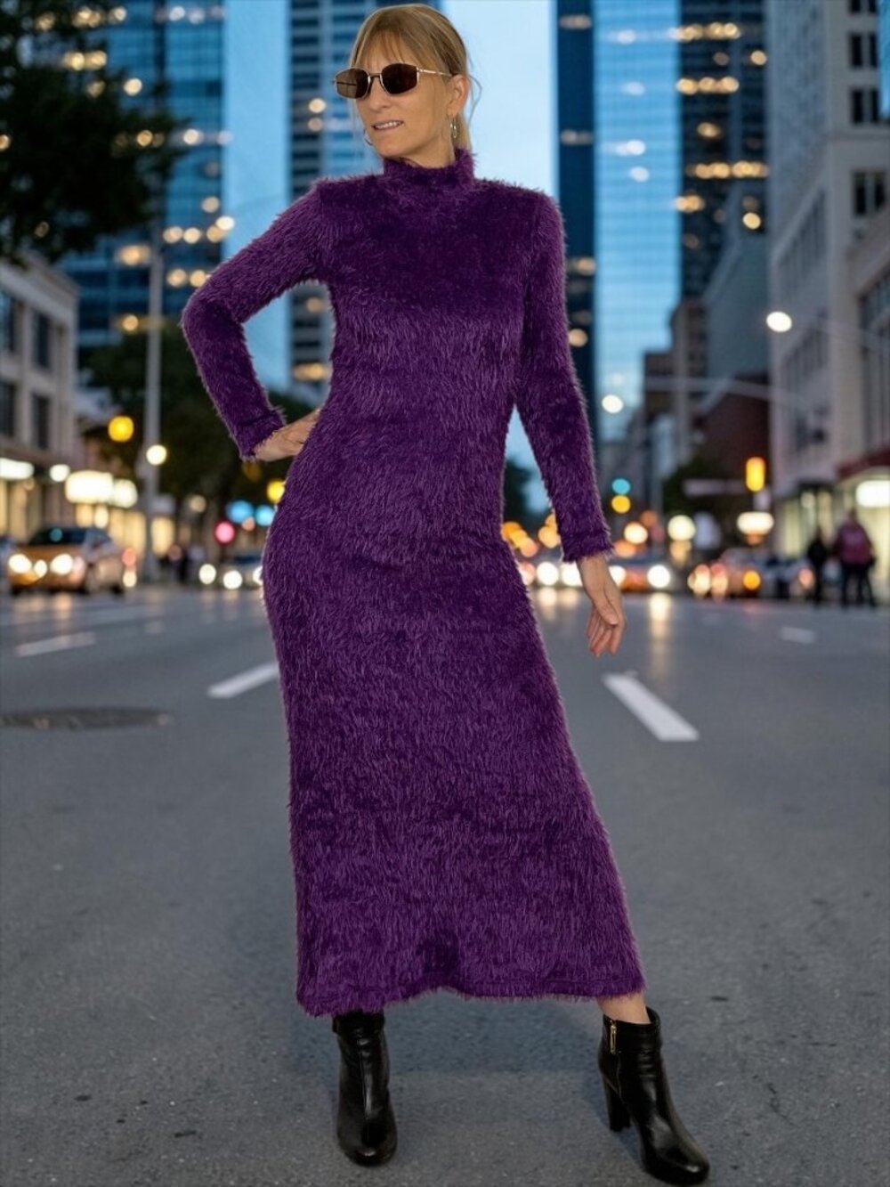 Julia Allert Textured Knit Bodycon Maxi Dress XS Violet Fuzzy Mock Neck HoCo